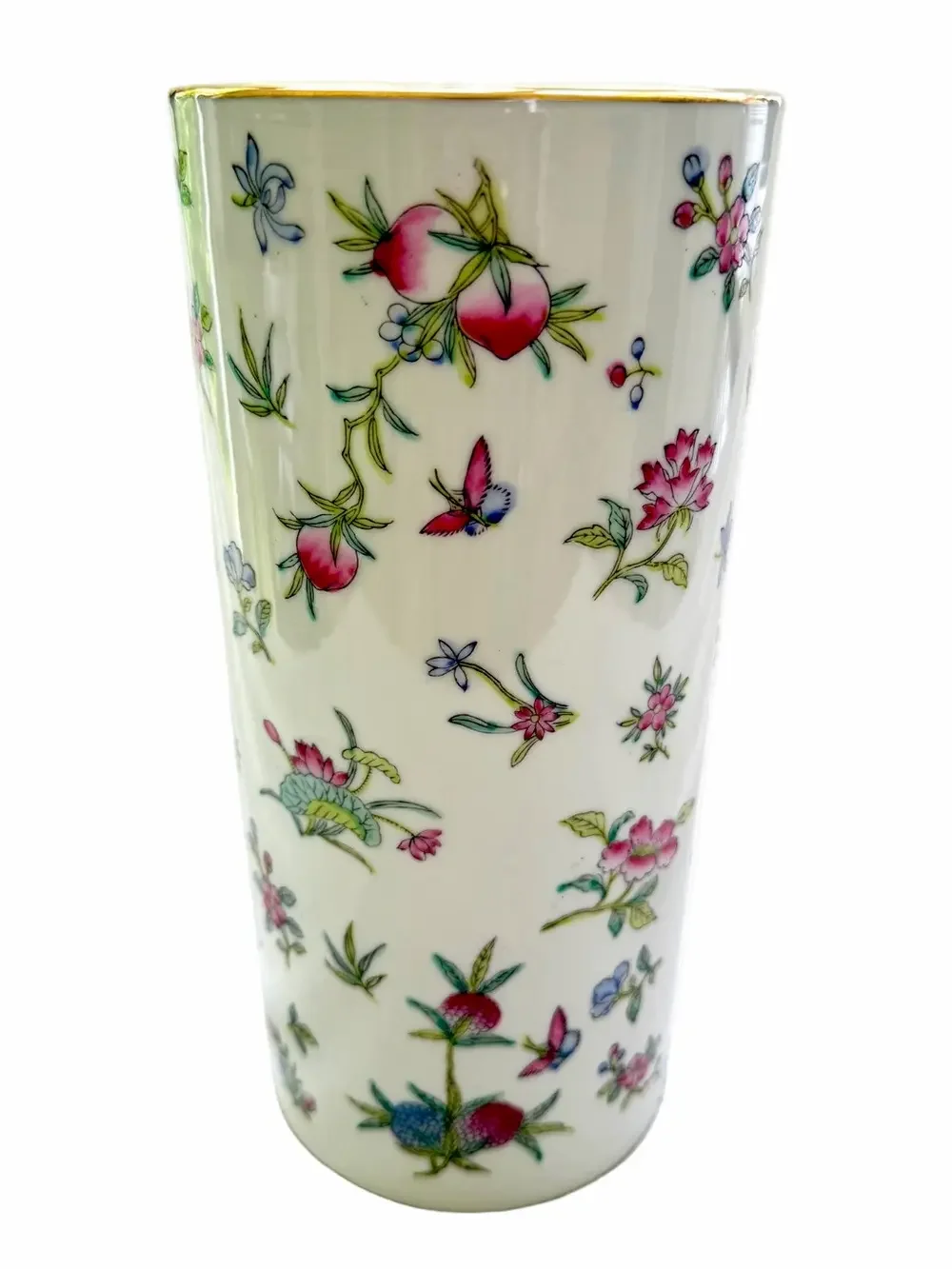 Chinese Famille Rose Hand Painted Porcelain Cylinder Vase 10.75” Gold Rim